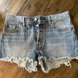 Levi's Blue Jean Shorts with Frayed Hem and Distressed Details